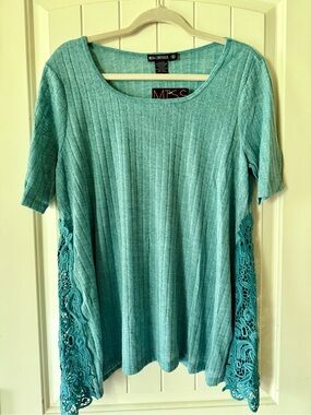 Miss Chievous Teal Ribbed Short-Sleeve Top with Lace Side Panels NWT